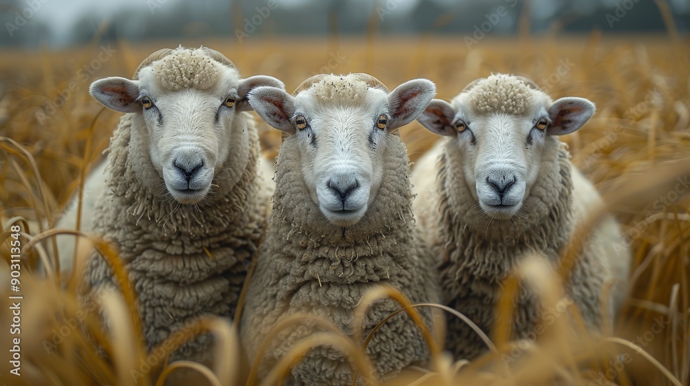 Three sheep in a field of dry grass, close-up view. Nature and rural concept Three sheep in a field of dry grass, close-up view. Nature and rural concept