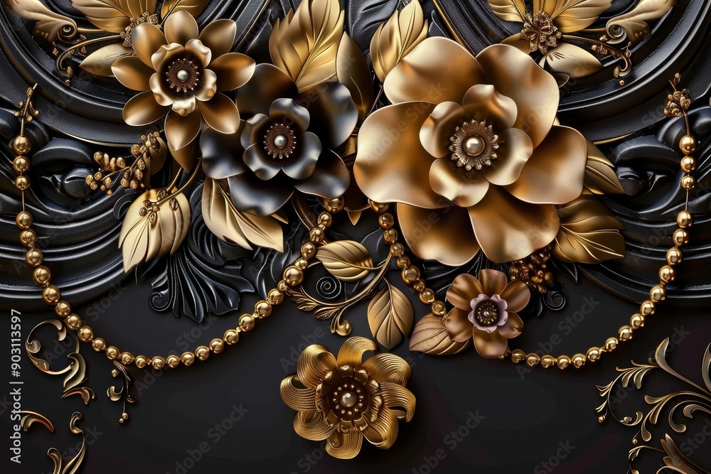 3d mural illustration background with golden jewelry and flowers, in black decorative wallpaper, Generative AI