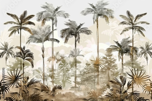 hand drawn forest landscape wallpaper design, tall palm trees, tropical trees, earth tones, modern wallpaper, background, mural art, Generative AI