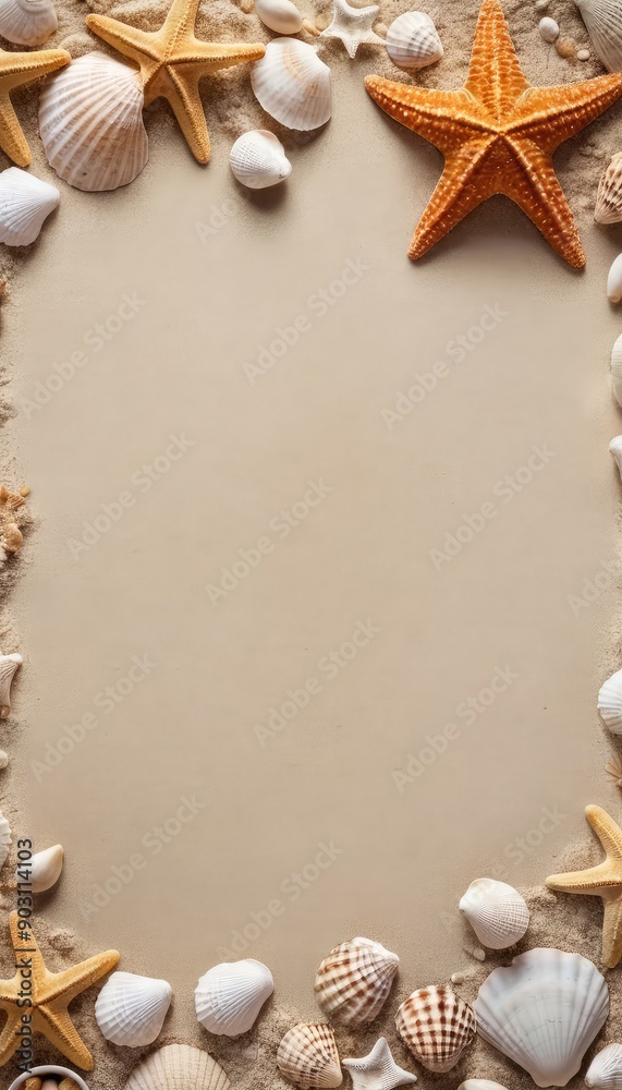 Obraz premium A collection of vibrant starfish and assorted seashells arranged artfully on sandy ground, perfect for a beach-themed backdrop, with space for text