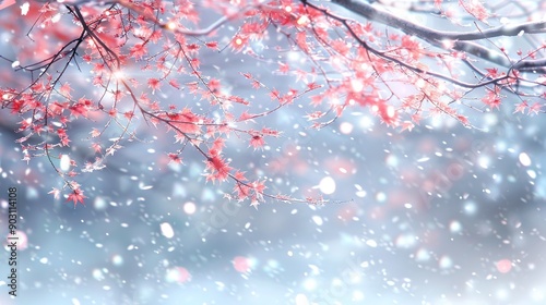   A close-up of a snowy tree branch against a blue sky