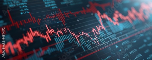 Holographic financial drop, virtual business crisis, futuristic price decline, dark tech background
