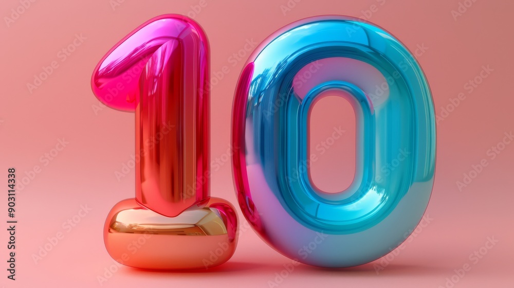 Colorful glossy balloon number 10 on pink background, studio shot. Celebration and anniversary concept Colorful glossy balloon number 10 on pink background, studio shot. Celebration and anniversary concept