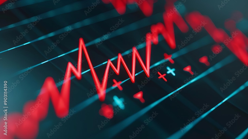 Fototapeta premium Holographic financial impact, virtual business decline, futuristic price drop, dark visualization