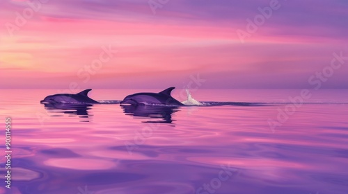 Wallpaper Mural Two Dolphins Swimming in Pink Sunset Sea Torontodigital.ca