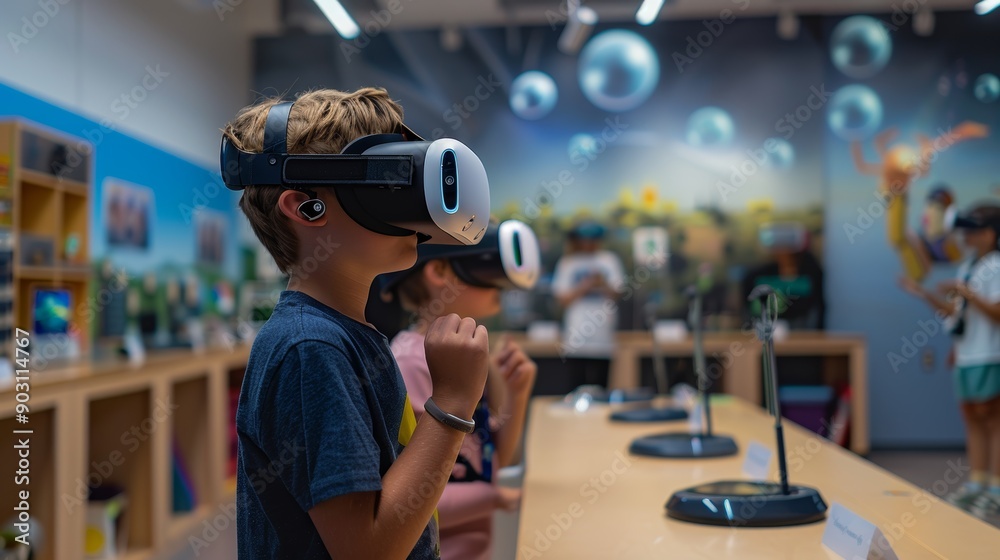 Students Competing in Virtual Science Fair with VR Headsets in a Science-Themed Classroom Students Competing in Virtual Science Fair with VR Headsets in a Science-Themed Classroom