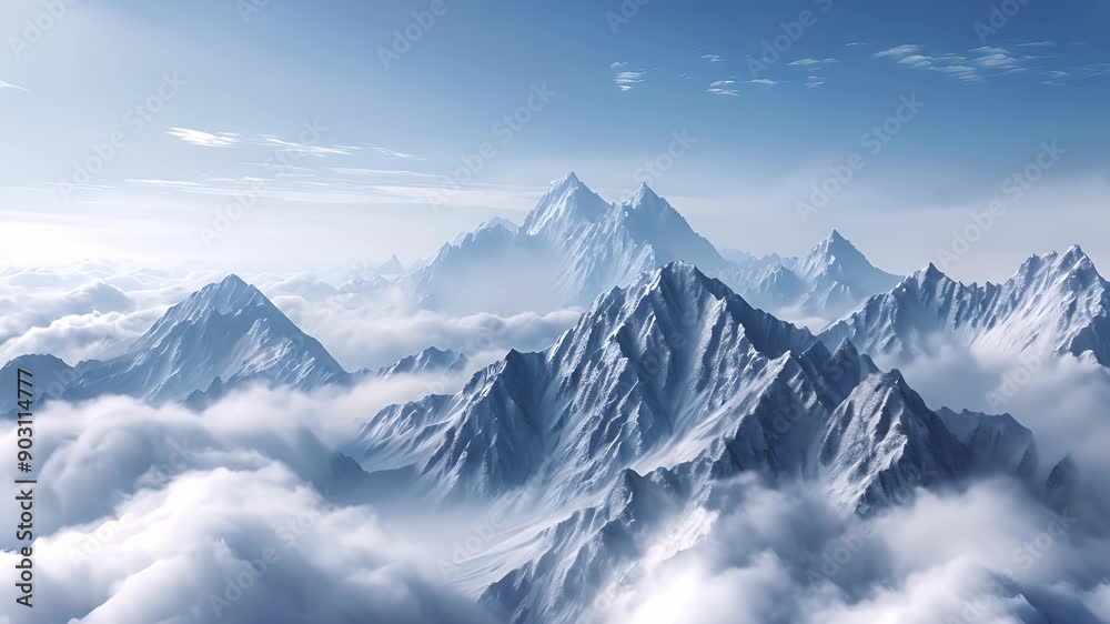 Panoramic aerial view of continuous range of majestic mountain peaks, rises among the white clouds Panoramic aerial view of continuous range of majestic mountain peaks, rises among the white clouds