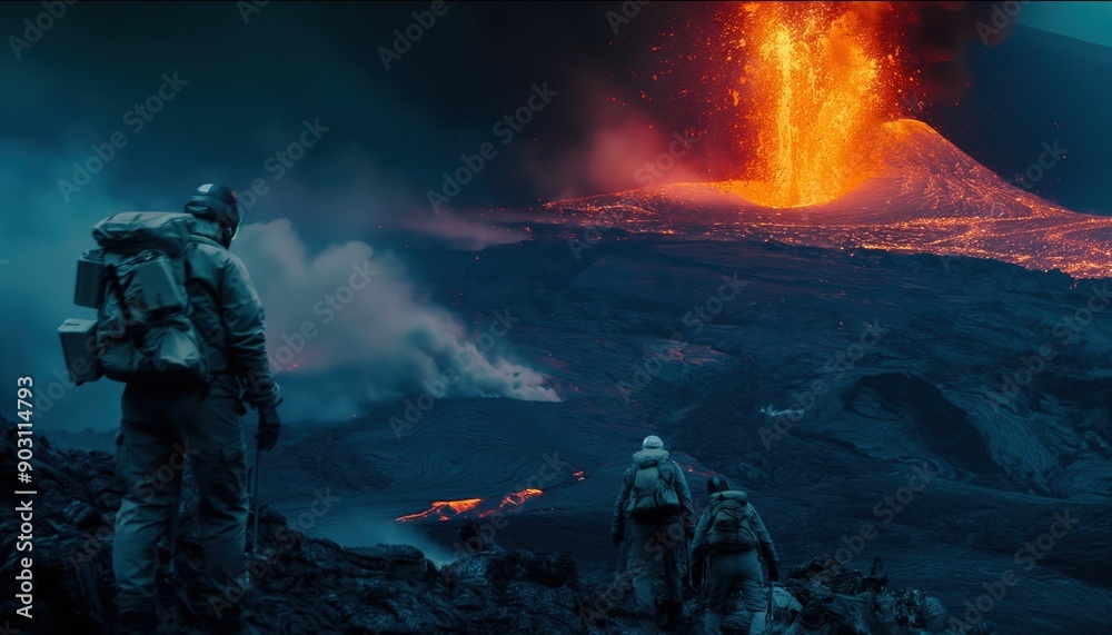 Obraz premium Adventurers Witnessing a Volcanic Eruption: Exploring the Fiery Landscape