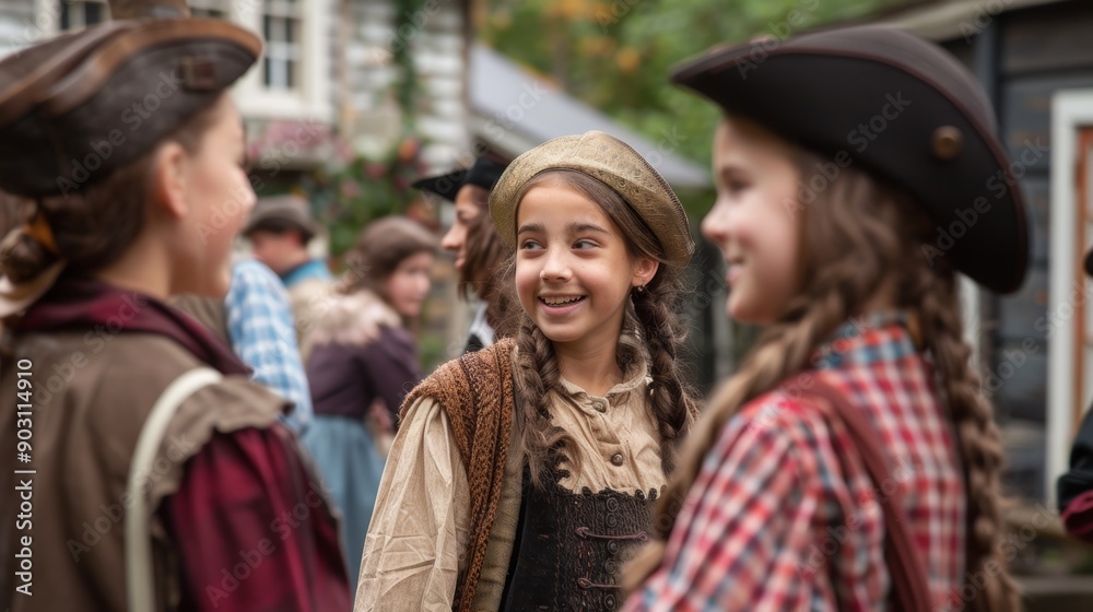 Obraz premium Historical Village Field Trip with Students Learning and Interacting with Period Actors