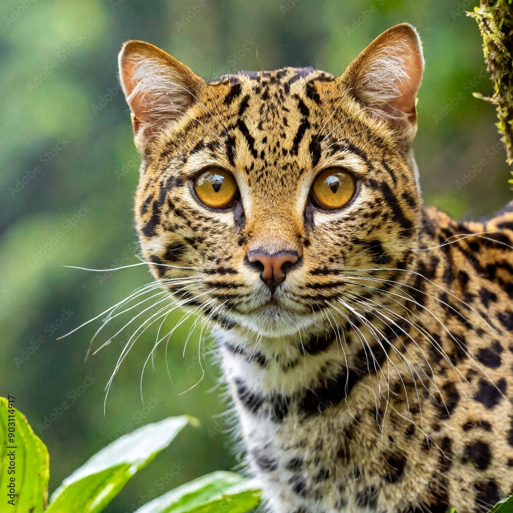 Fototapeta premium Leopardus wiedii. Felis wiedii. Margai is a wild forest tree cat. Amazon. Ecuador. Forests near the Amazon River. Jungle. Travel around Ecuador.