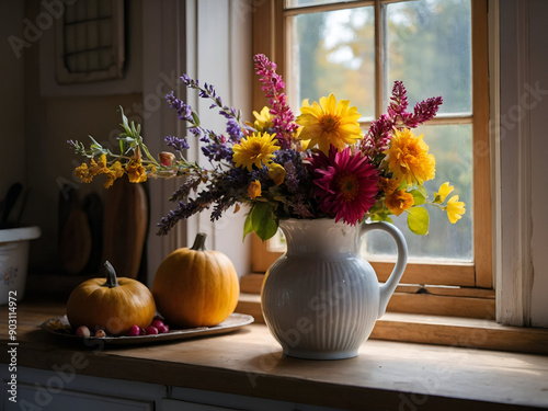 Wallpaper Mural A bouquet of fresh colorful garden flowers such as sunflower and lavender arranged in a ceramic vase on a kitchen table on an autumn day Torontodigital.ca
