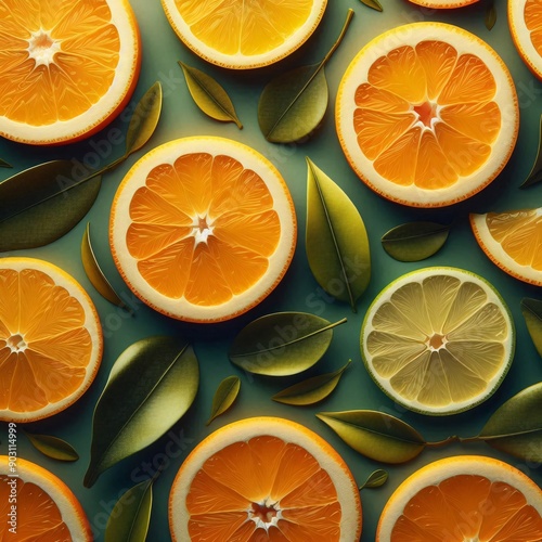 photo pattern of citrus fruits, slice oranges, lemons, limes, macro photo