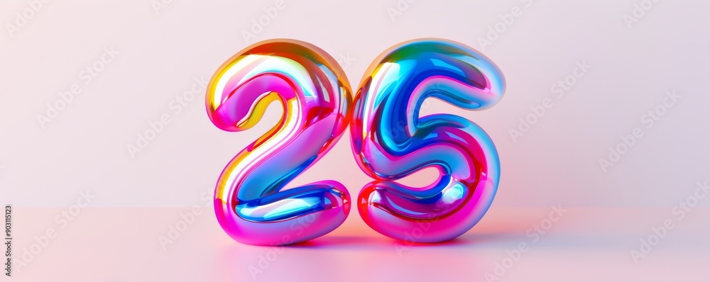 Obraz premium Colorful inflated number 25 on a pastel background, glossy and vibrant effect. Birthday celebration concept