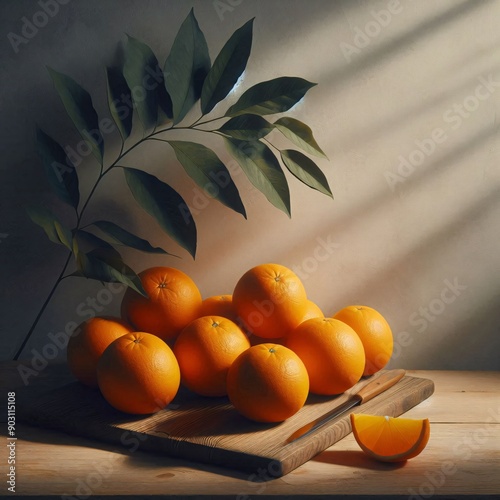 oranges on the table, the laurel branch, still-life, macro photo