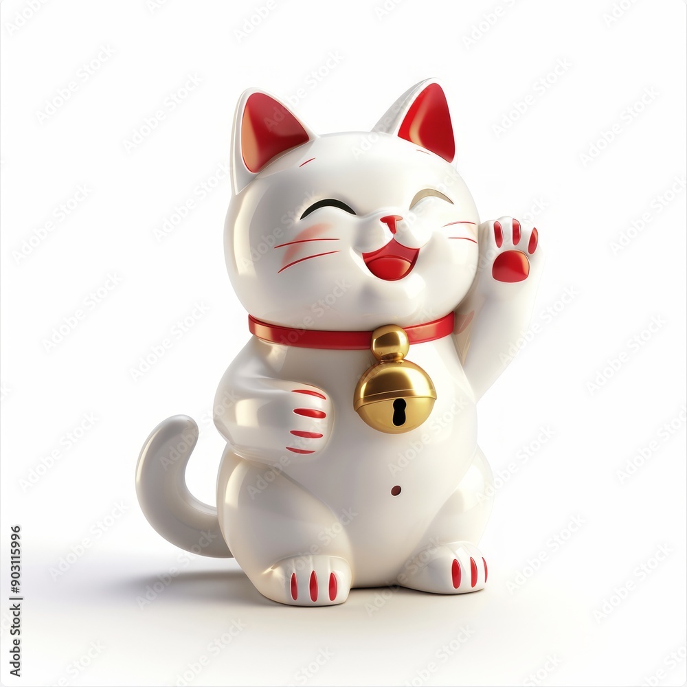 Medium shot of maneki-neko, isolated on a white background, bright and vivid tonality