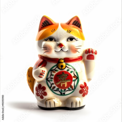 Medium shot of maneki-neko, isolated on a white background, bright and vivid tonality 