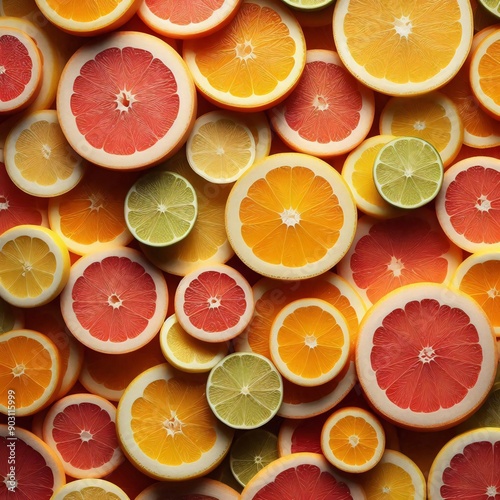 photo pattern of citrus fruits, slice oranges, lemons, limes, grapefruits, macro photo