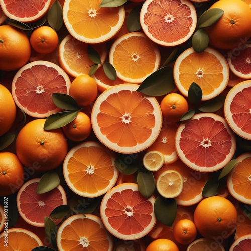 photo pattern of citrus fruits, slice oranges, lemons, limes, grapefruits, macro photo