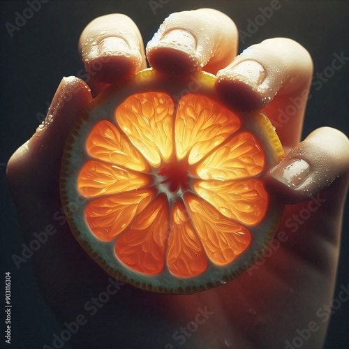 a slice of orange in hand, macro photo