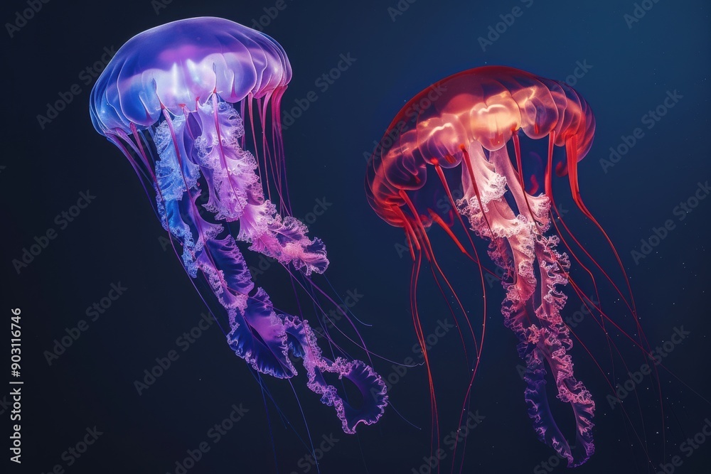 two glowing jellyfish floating in dark blue water two glowing jellyfish floating in dark blue water
