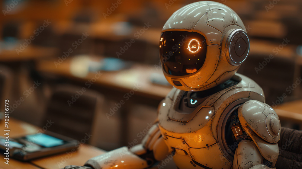 Robot with helmet in a futuristic design, creating an engaging atmosphere of exploration and innovation. Robot with helmet in a futuristic design, creating an engaging atmosphere of exploration and innovation.