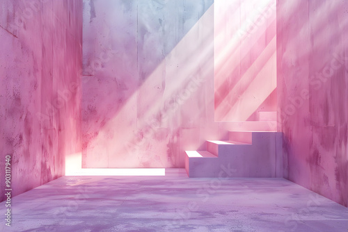3D backdrop podium with abstract pastel light illuminating a minimalist backdrop with walls in soft pink tones and grey marble floor, perfect for showcasing beauty products