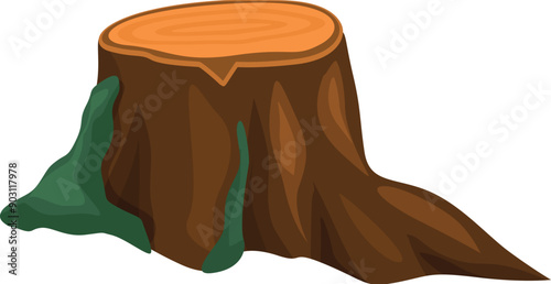 Cartoon illustration of a tree stump with visible rings and moss growing on it