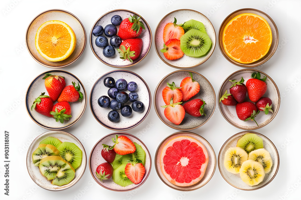 Ceramic plates with sliced fresh fruits on white background Ceramic plates with sliced fresh fruits on white background