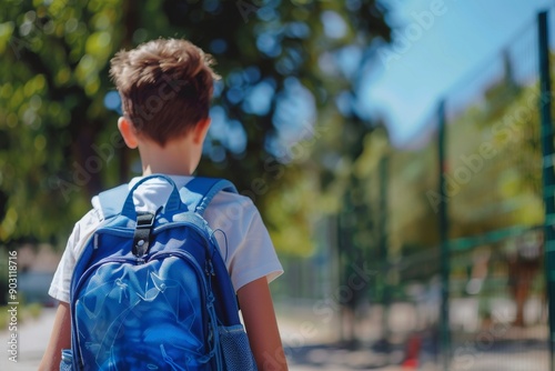 Young Student with Blue Backpack Walking in Sunny Outdoors Back View