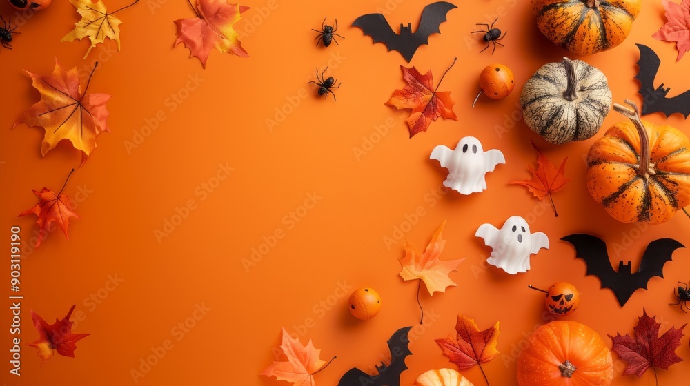 Naklejka premium A Halloween themed background with pumpkins, bats, and ghosts