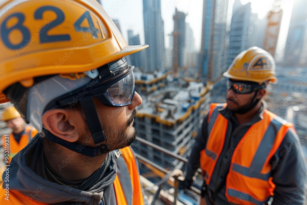 Construction workers wearing safety gear seen working on a high-rise building’s framework with an urban skyline backdrop, capturing the essence of modern industrial effort. Construction workers wearing safety gear seen working on a high-rise building’s framework with an urban skyline backdrop, capturing the essence of modern industrial effort.