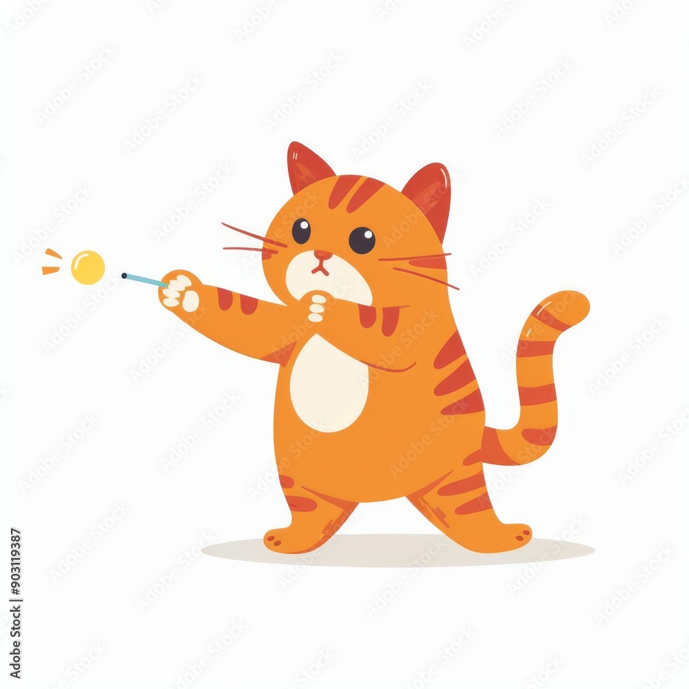 Obraz premium Cat character, chasing laser pointer pose, focused expression, flat design illustration, energetic, isolated on white background