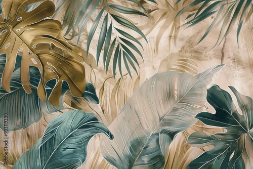 Abstract tropical leaves on concrete grunge wall. Floral background. Design for wallpaper, photo wallpaper, mural, card, postcard, Generative AI