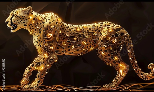 Golden 3D cheetah with a majestic stance, intricate details and elegant patterns, perfect for custom wallpaper design, mural art, AI-generated, Generative AI