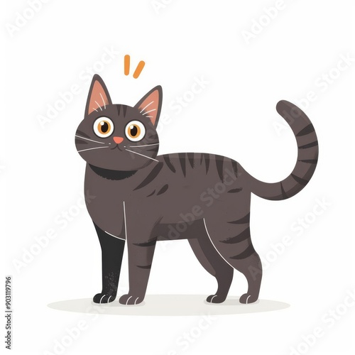 Cat character, standing pose, curious expression, flat design illustration, inquisitive, isolated on white background