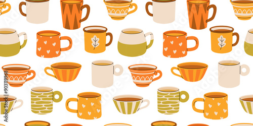 Seamless pattern with various tea cups and teapot. Cute autumn dishes different shapes and ornaments. Hand drawn color vector background in Modern flat cartoon style.