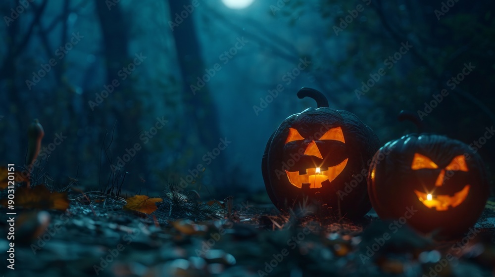 Naklejka premium Two pumpkins with glowing eyes are placed on the ground in a dark forest