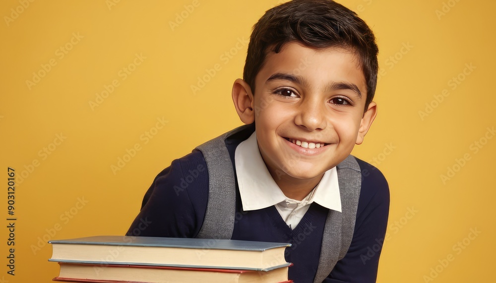 A cheerful turkish young boy with a bright smile stands against a yellow background, holding a yellow book and ready for school.