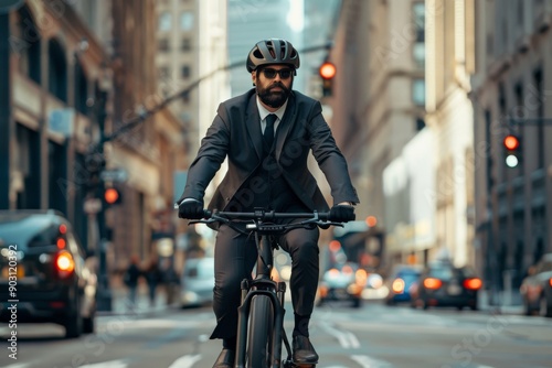 Businessman Cycling in a Bustling City Street during Daylight