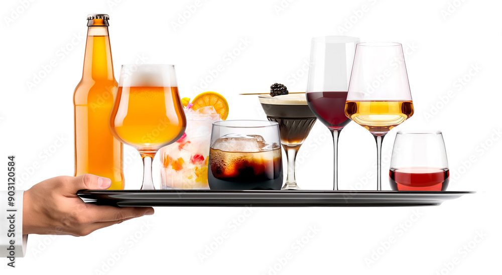 Waiter hand holding metal tray with collection of cocktails, beer and mocktail on white background with summer fruits