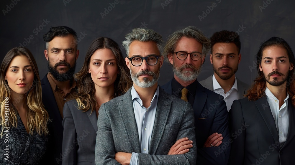 Confident Leaders: A team of diverse business professionals stand united, exuding confidence and authority. Their focused expressions and professional attire convey a sense of purpose and determinatio Confident Leaders: A team of diverse business professionals stand united, exuding confidence and authority. Their focused expressions and professional attire convey a sense of purpose and determinatio