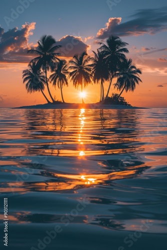 Palm trees silhouetted against a vibrant sunset over calm waters. AI.