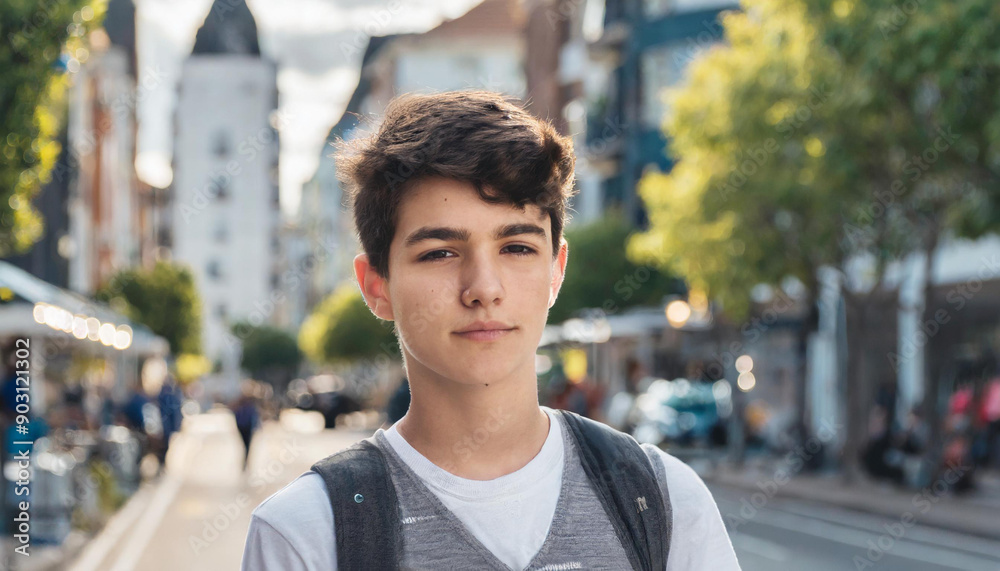 Confident Teen Boy with Backpack Standing on Bustling City Street, Enjoying a Sunny Day, Urban Life and Youthful Vibrance, Close-Up Portrait Confident Teen Boy with Backpack Standing on Bustling City Street, Enjoying a Sunny Day, Urban Life and Youthful Vibrance, Close-Up Portrait