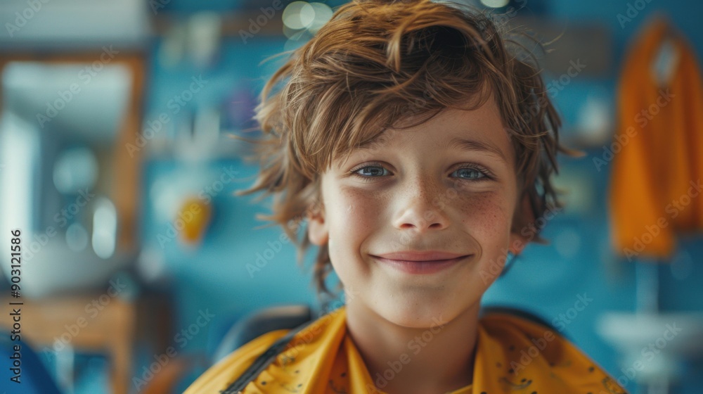 A boy smiles while getting a haircut. AI. A boy smiles while getting a haircut. AI.