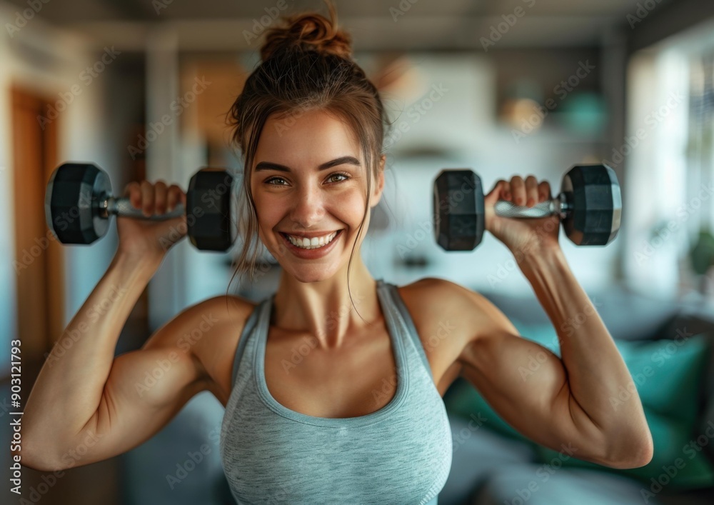 A woman working out with dumbbells. AI.