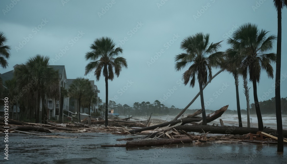 Obraz premium The aftermath of a storm, showing a residential area with palm trees and homes surrounded by floodwaters, debris, and a car navigating the submerged street.