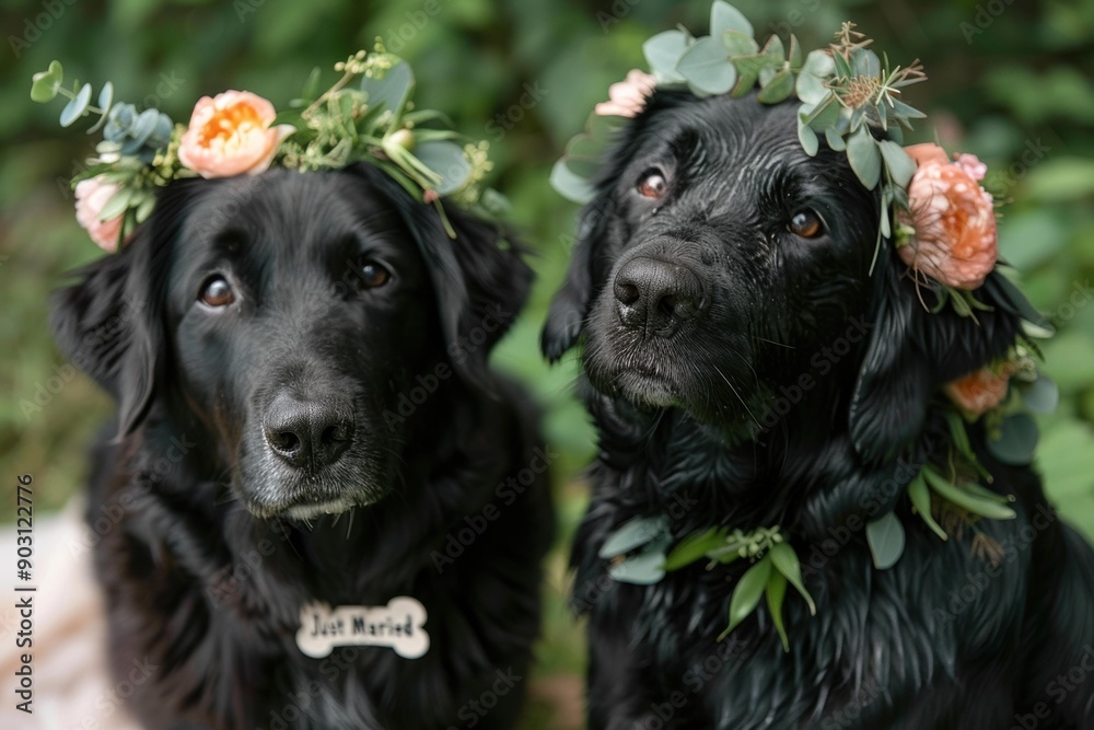 Two black dogs wearing flower crowns. AI.