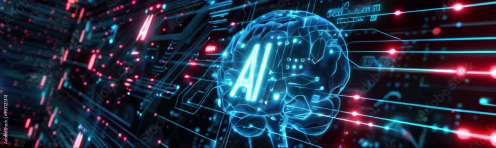 AI letters inside digital brain on dark tech background. Concept of artificial intelligence, circuit elements and technology AI letters inside digital brain on dark tech background. Concept of artificial intelligence, circuit elements and technology