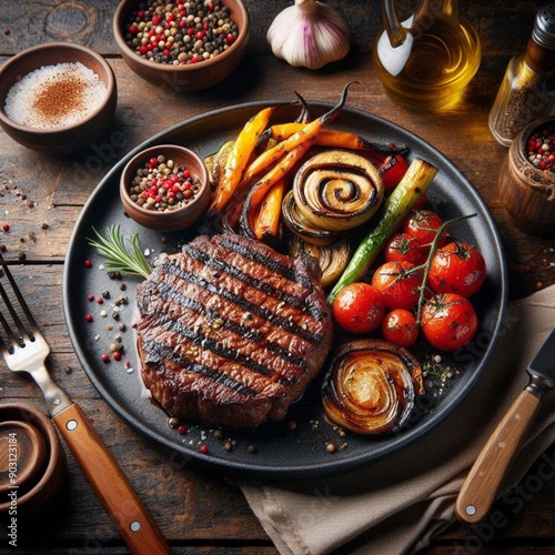 Filé carne bovina, assado, na tabua de ferro estilo chapa, com temperos, cenoura, tomate, tudo assado. photo