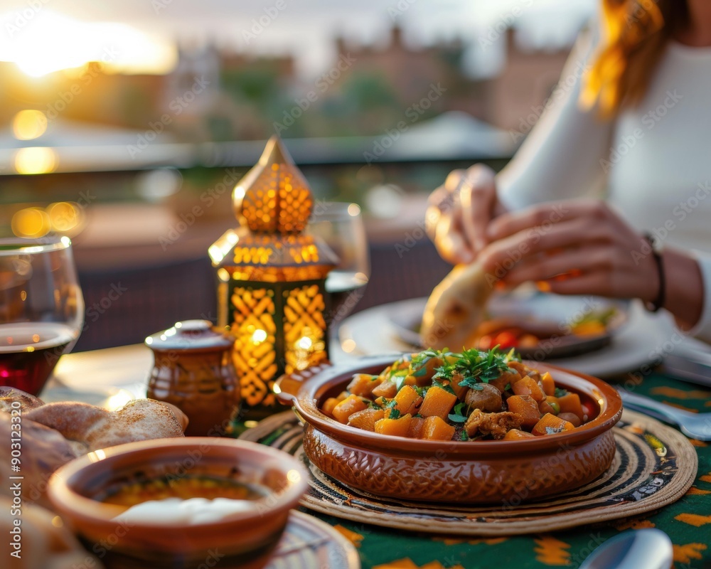 Fototapeta premium A delicious meal is enjoyed on a table with a lantern and wine. AI.